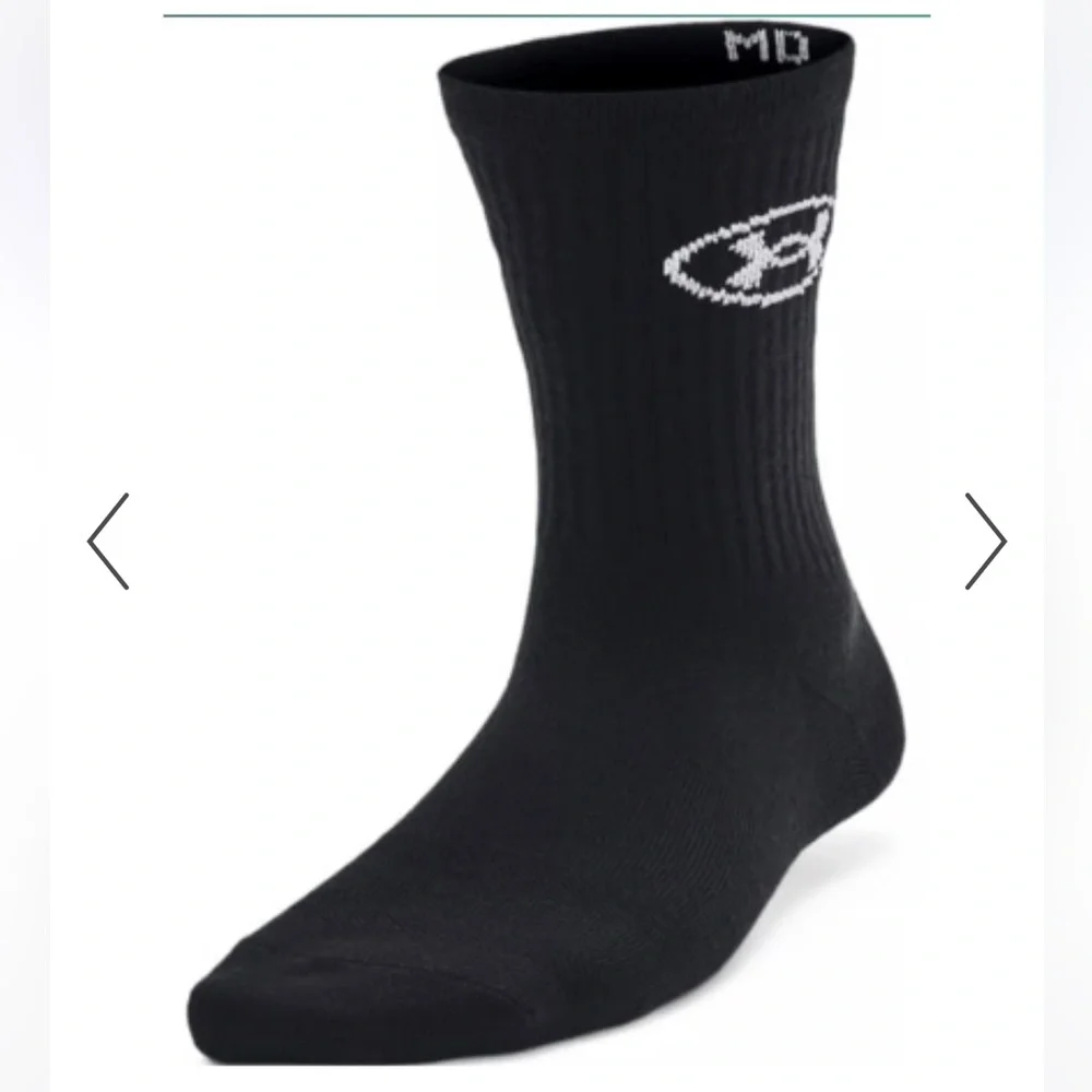Under Armour Women's Black Essential 3-Pack Mid Crew Socks, Large—NWT